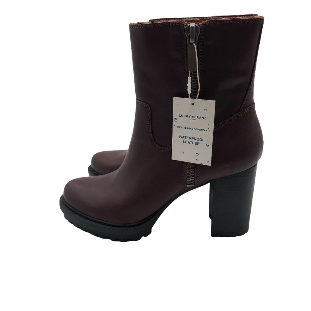 Lucky Brand Women's Burgundy Leather Block Heel Ankle Boots